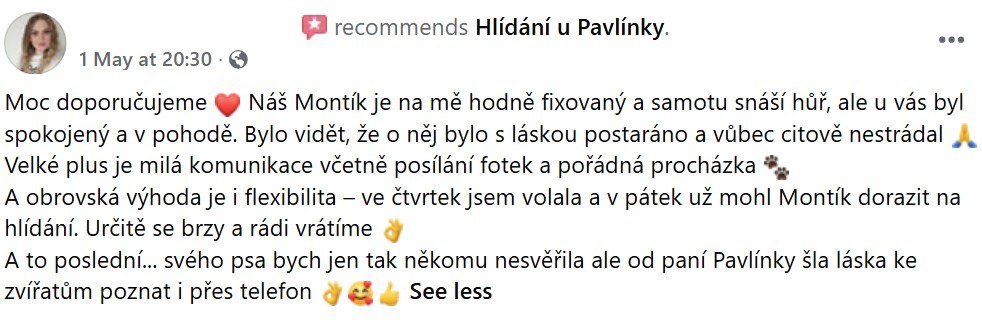 Reference klientky na Facebooku.
