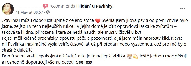 Další reference klientky na Facebooku.